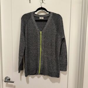 R898 Gray Marled Knit Zip-Up Cardigan with Neon Yellow Zipper